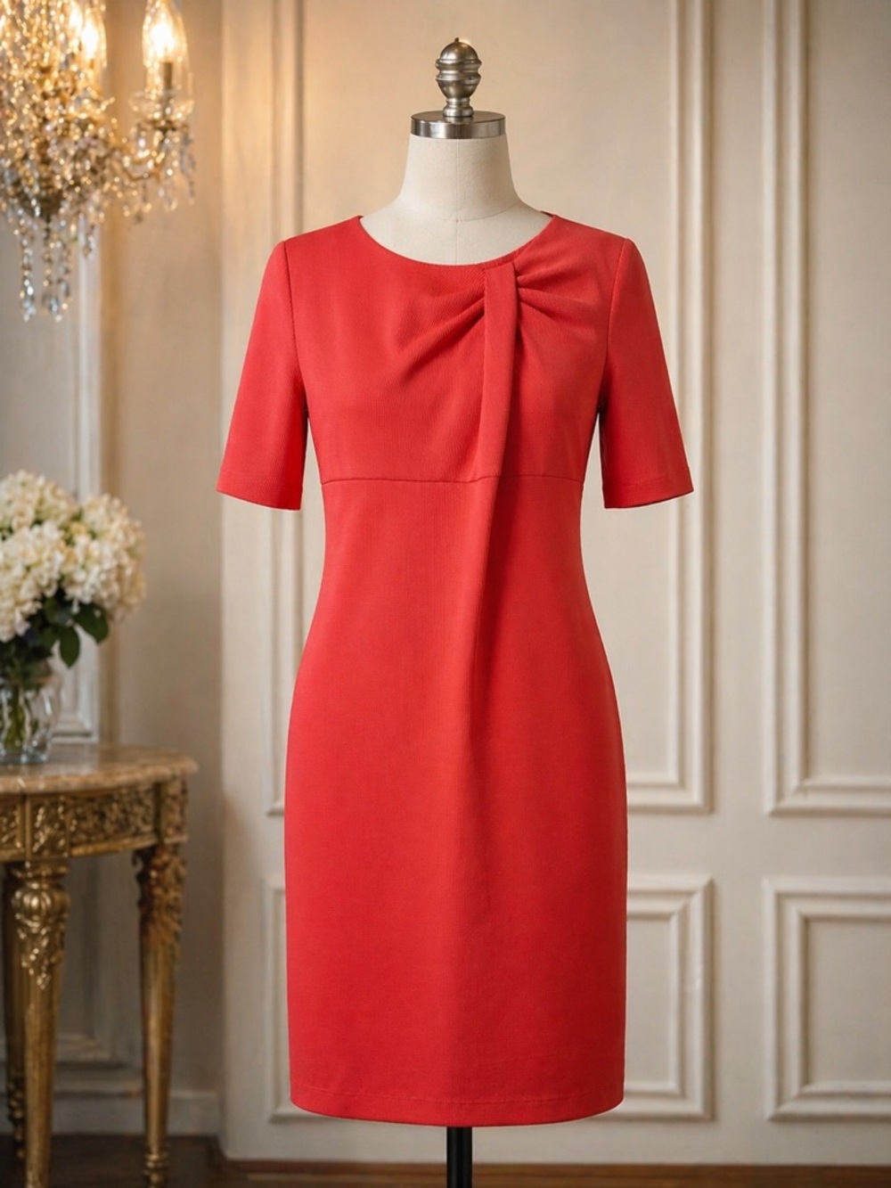 Gabby Skye Red Sheath Dress Size 12 Bow Detail Short Sleeve Career Cocktail